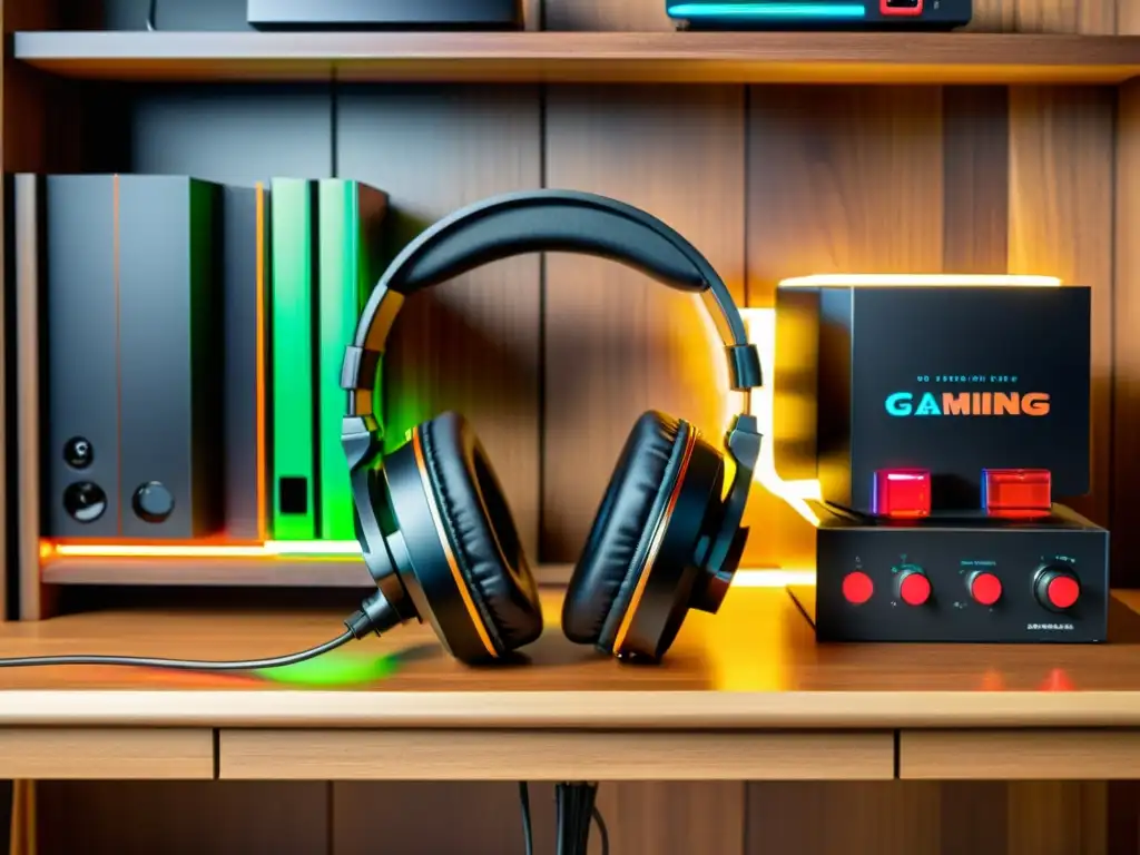 Un setup vintage de gaming con auriculares negros y consola retro, evocando los mejores sistemas de audio gaming