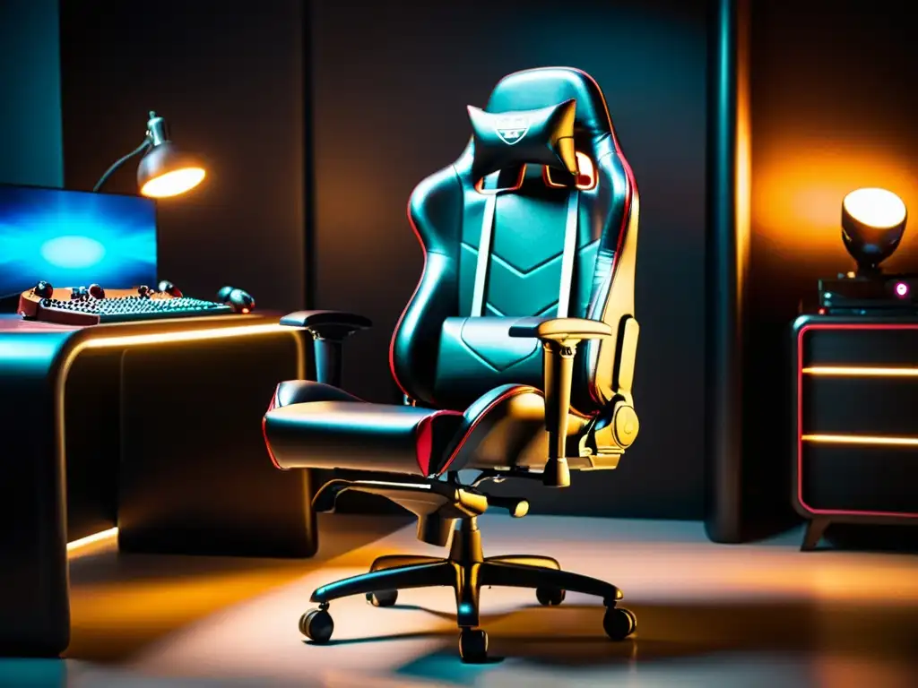 Silla gaming ergonómica en cuero oscuro con detalles de costura, ambientación retro futurista