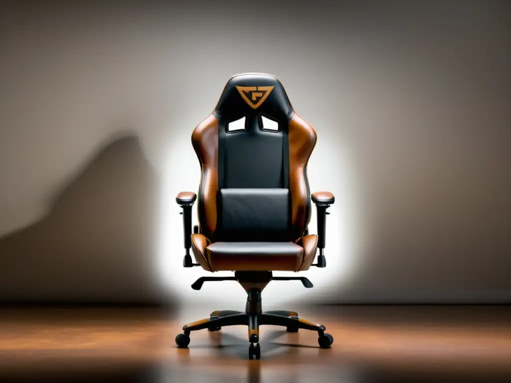 Una silla gaming vintage con diseño ergonómico, tapicería de cuero de alta calidad, soporte lumbar y elegante iluminación tenue