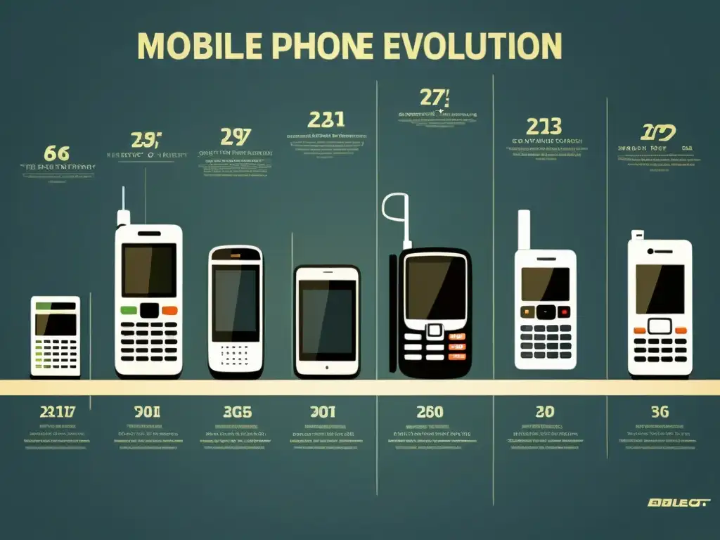 Una ilustración vintage de la evolución de los sistemas operativos móviles, desde los dispositivos más antiguos hasta los modelos icónicos de cada era