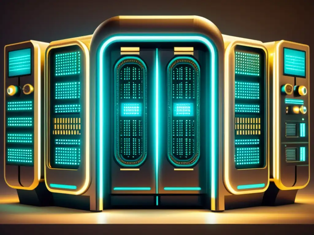 Una ilustración vintage de una supercomputadora futurista con intrincados detalles mecánicos y componentes electrónicos visibles