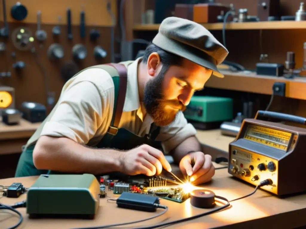 Un taller caótico lleno de componentes electrónicos y herramientas vintage