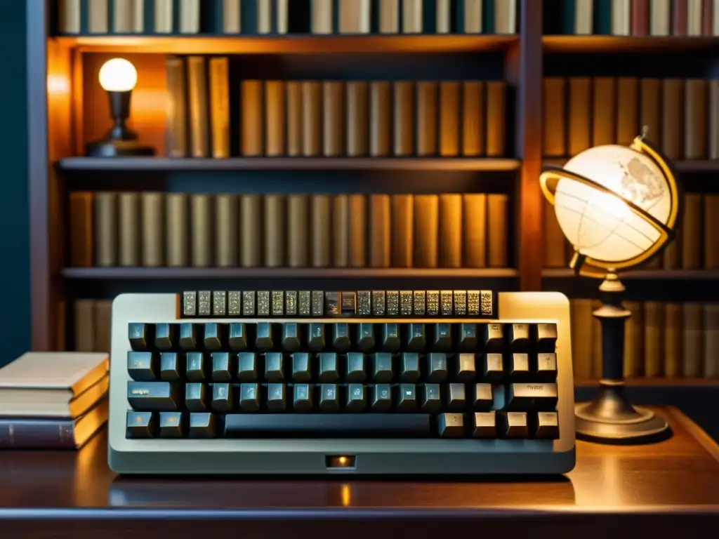 Teclado mecánico antiguo en estudio iluminado con libros y globo terráqueo, evocando la historia y evolución de las máquinas digitales