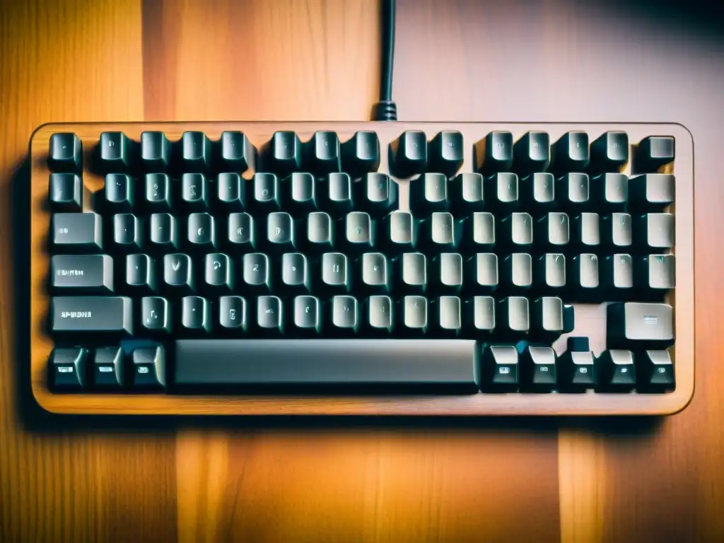 Un teclado mecánico personalizable para gamers, con estilo vintage y una atmósfera nostálgica de la era dorada del gaming