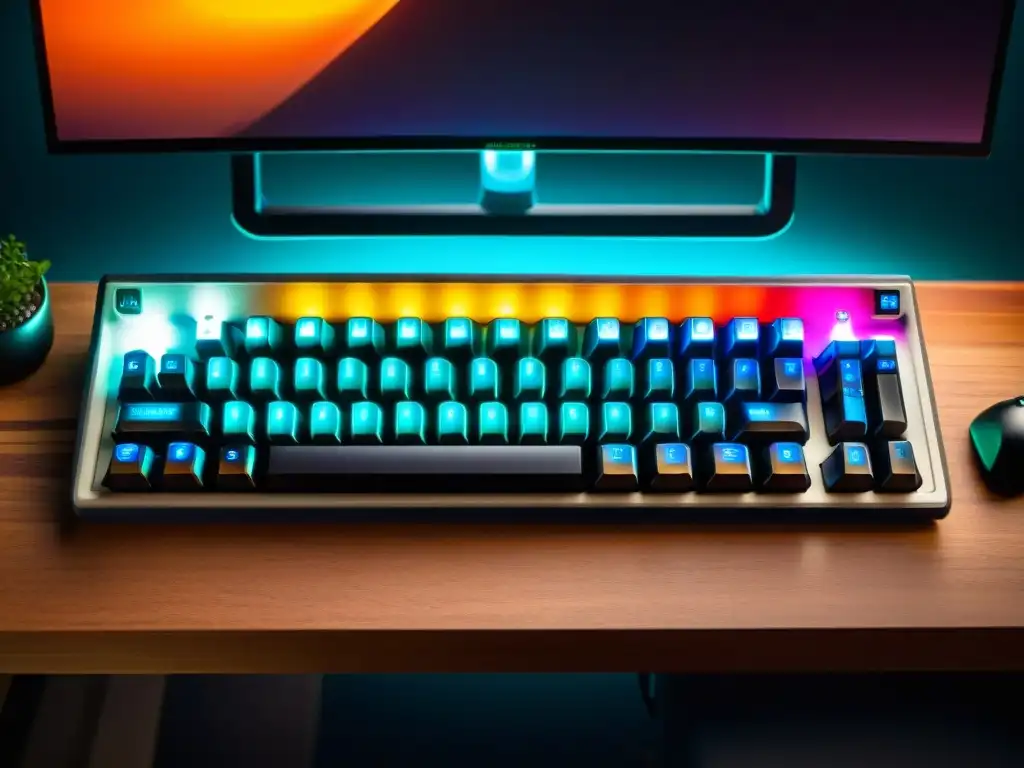 Teclado mecánico personalizable iluminado por RGB, rodeado de periféricos retro y póster vintage, ideal para gamers profesionales