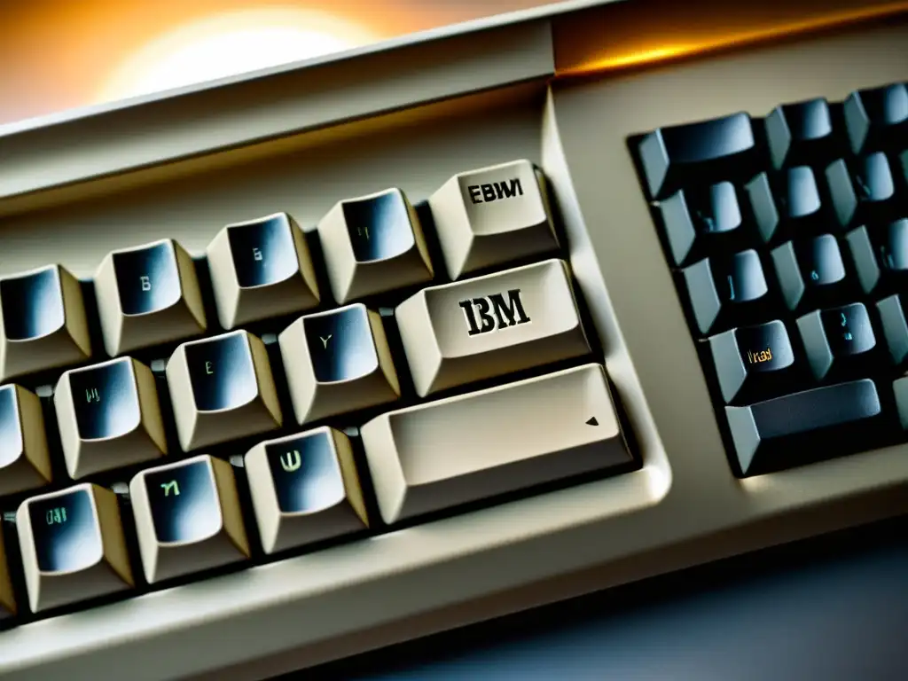 Un teclado vintage IBM Model M, envejecido y bien usado, muestra su rica historia a través de sus teclas desgastadas