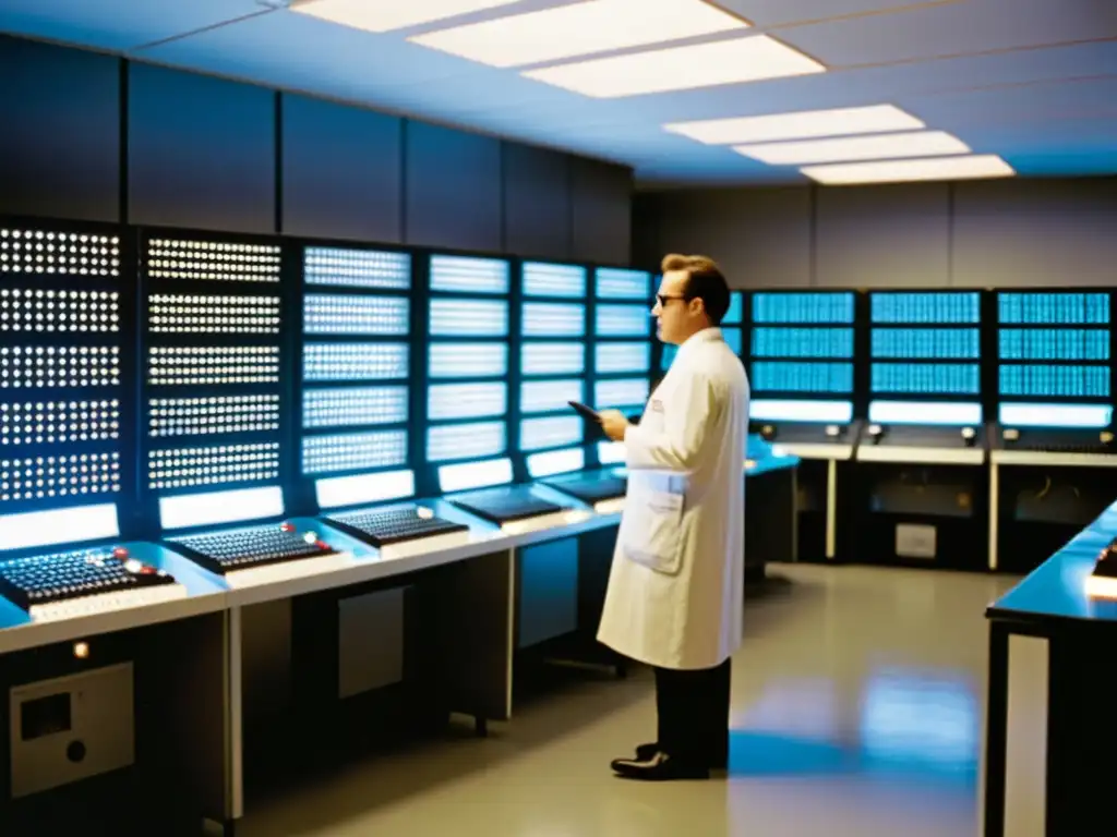 Imagen nostálgica de una sala llena de antiguos equipos informáticos Un técnico ajusta antiguos equipos informáticos en una sala oscura