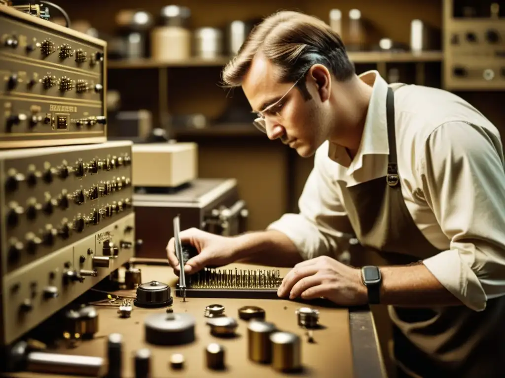 Un técnico meticuloso preserva componentes electrónicos históricos en un taller tenue, evocando historia y expertise