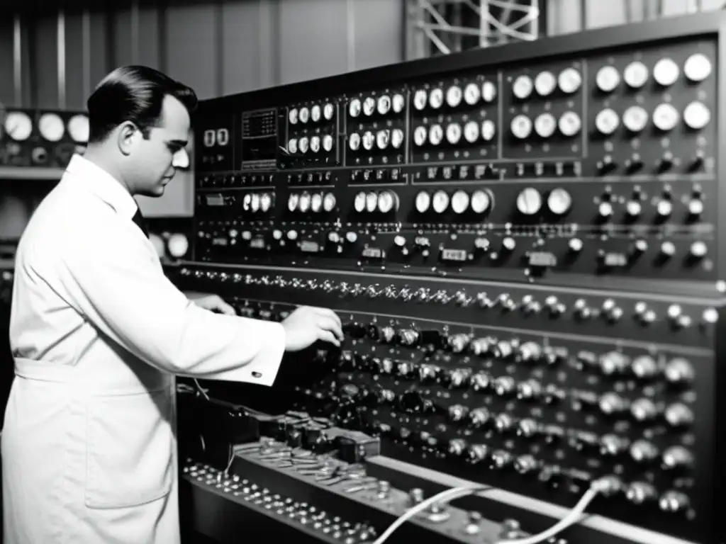 Un técnico ajusta con precisión el panel de control en un laboratorio retro