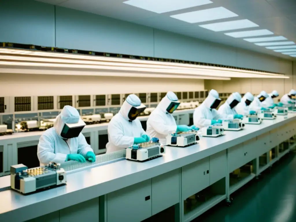 Semiconductor manufacturing: precisión y dedicación en la sala limpia Técnicos en trajes blancos manipulan circuitos en una sala limpia de fabricación de semiconductores