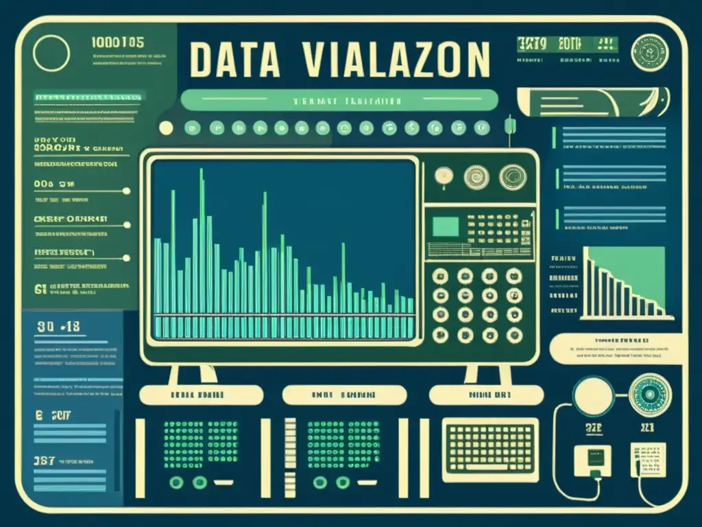 Infografía vintage de la evolución de la tecnología de visualización de datos, con ilustraciones detalladas de computadoras antiguas y modernas interfaces futuristas