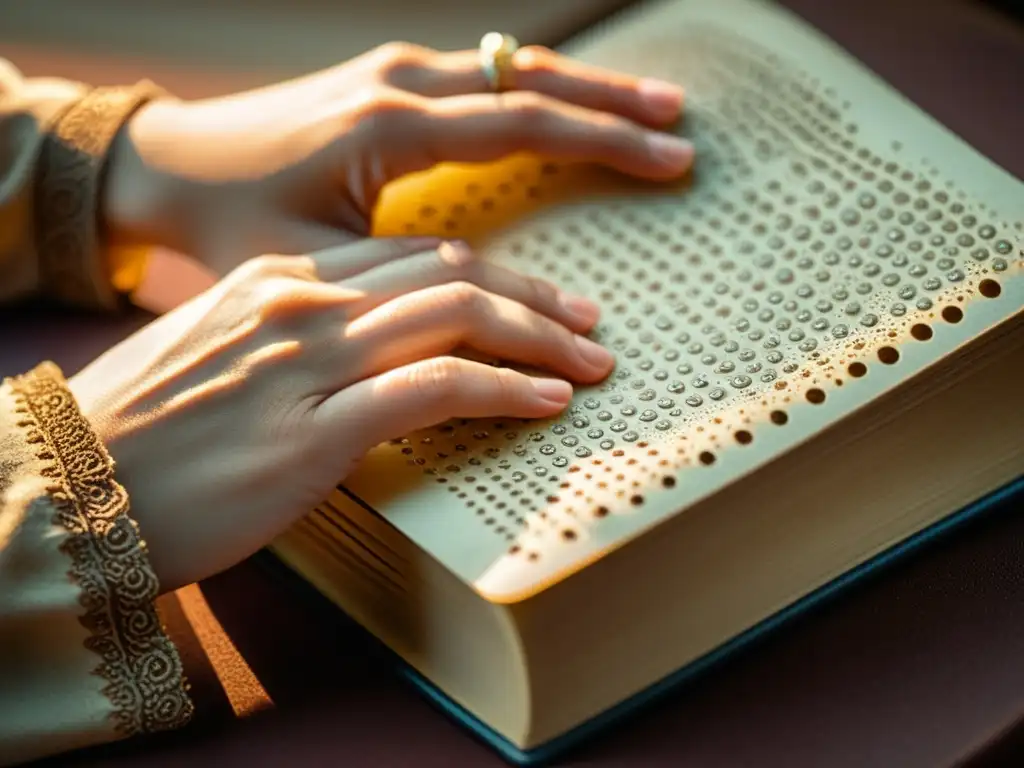 Tecnologías Asistivas para Discapacidades Visuales: Mano leyendo Braille en libro vintage con patrón en la portada y luz suave