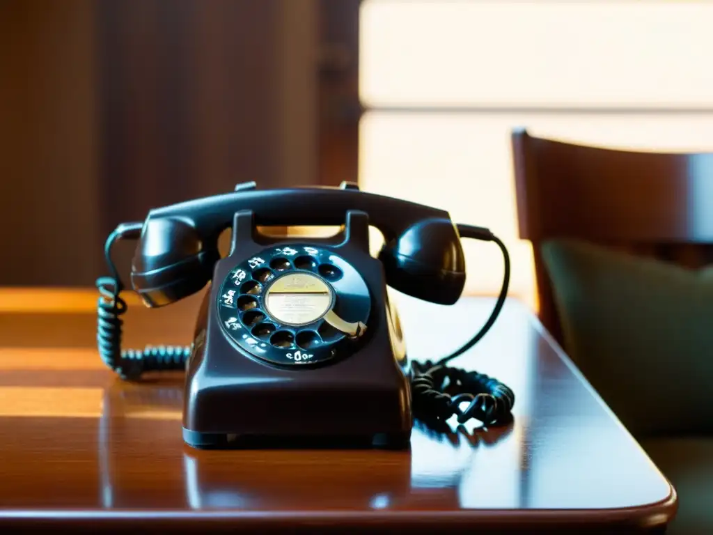 Un teléfono de disco vintage reposa sobre una mesa de madera, bañado por una suave luz cálida