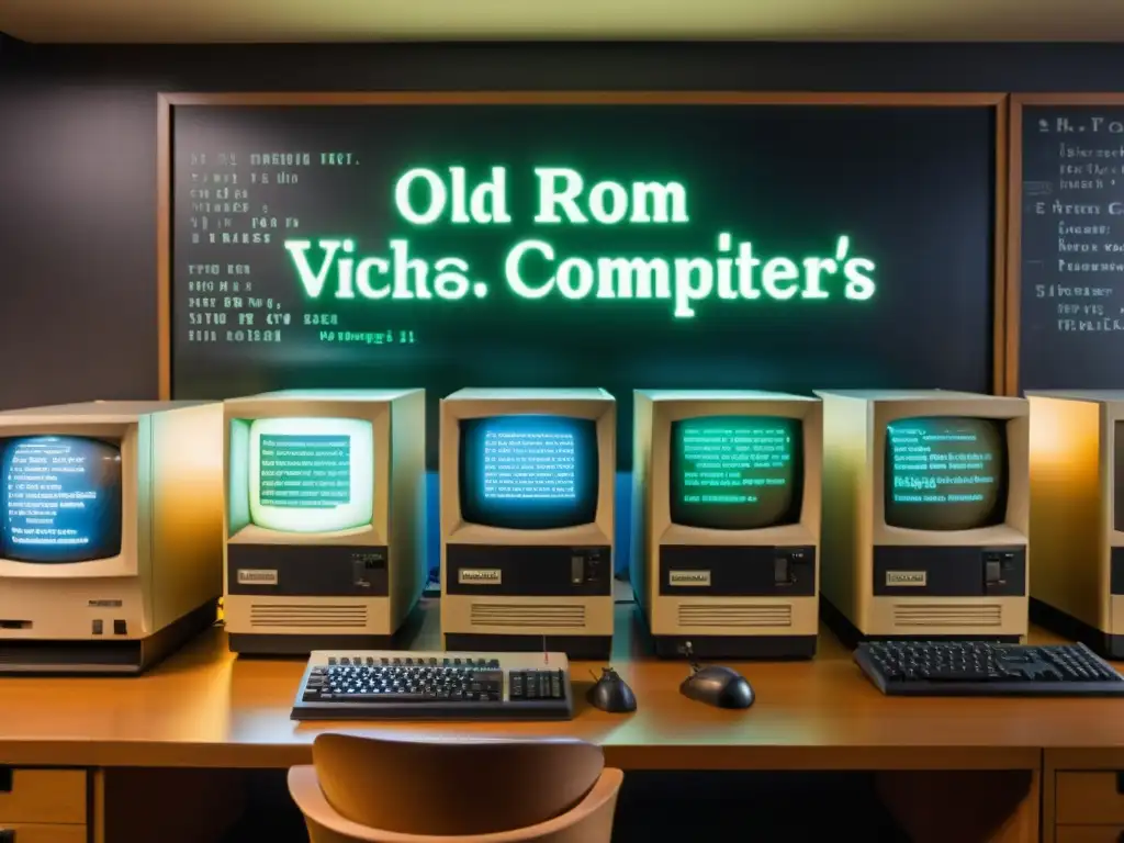 En la tenue luz, un laboratorio de computación vintage muestra antiguas computadoras y libros de programación