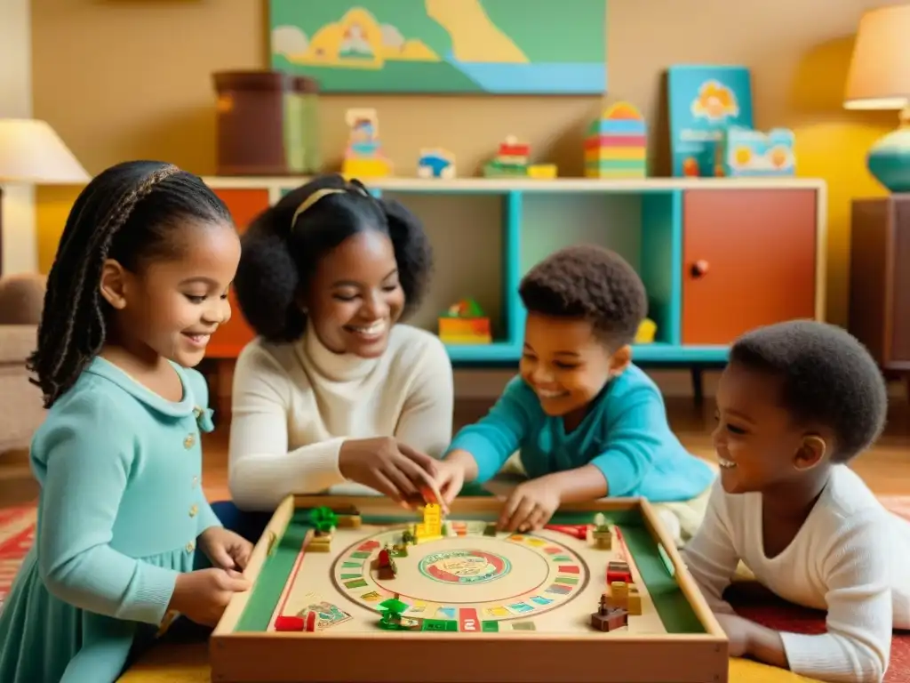 Terapeuta sonriente guía a niños en juegos terapéuticos en acogedora habitación llena de juguetes clásicos