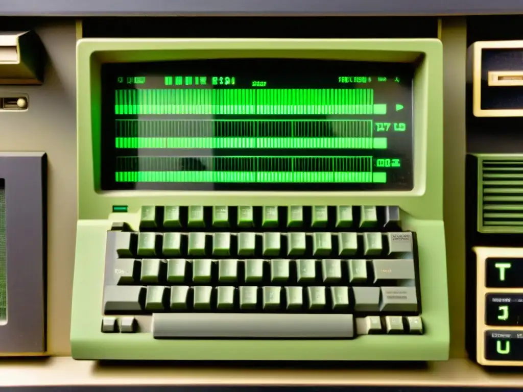 Un terminal de computadora vintage de los años 70 con teclas desgastadas y pantalla verde