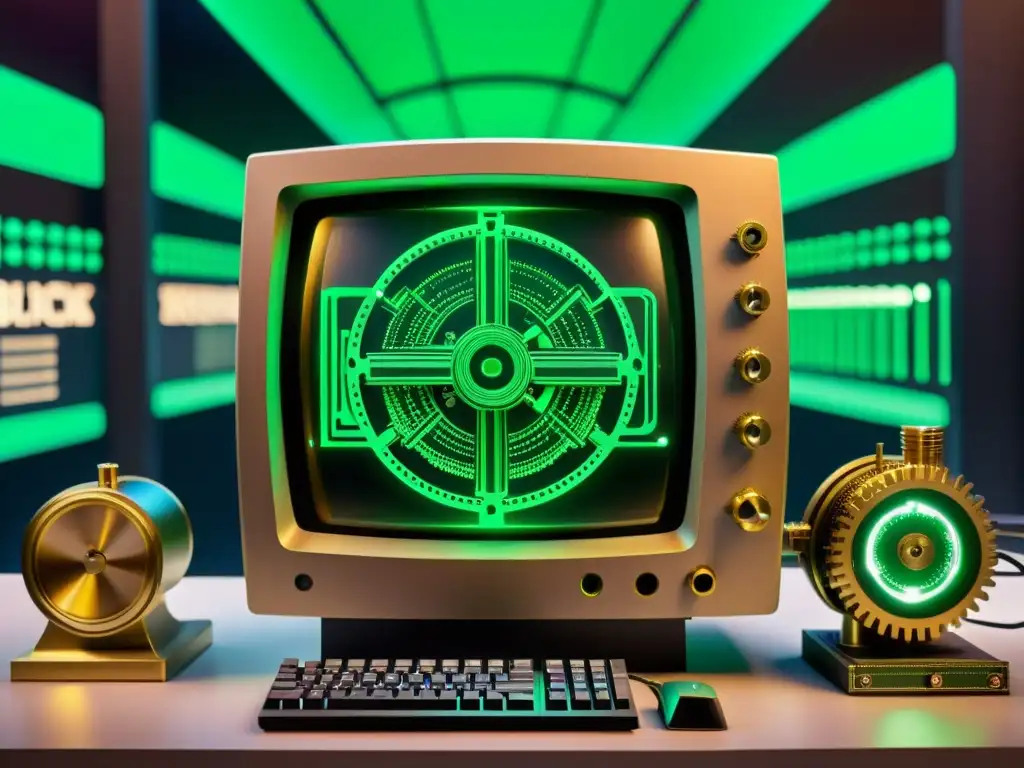 Terminal de computadora vintage con pantalla verde brillante, rodeada de engranajes y conectada a una red de tubos steampunk