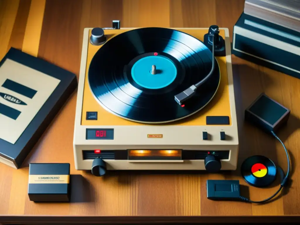 Un tocadiscos vintage iluminado por una suave luz cálida, rodeado de antiguos cartuchos y controles de videojuegos