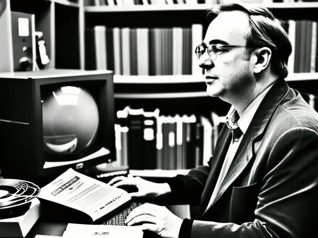 Linus Torvalds concentrado en su escritorio, rodeado de manuales y disquetes