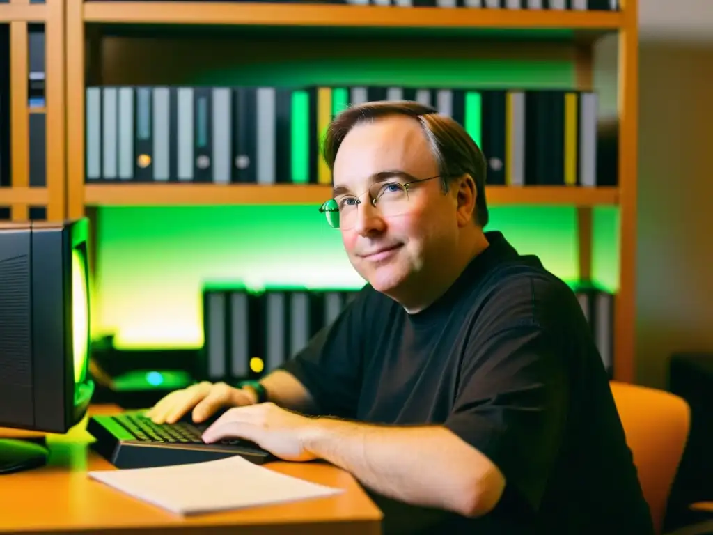 Linus Torvalds trabajando en el kernel de Linux en su habitación universitaria, rodeado de disquetes y manuales