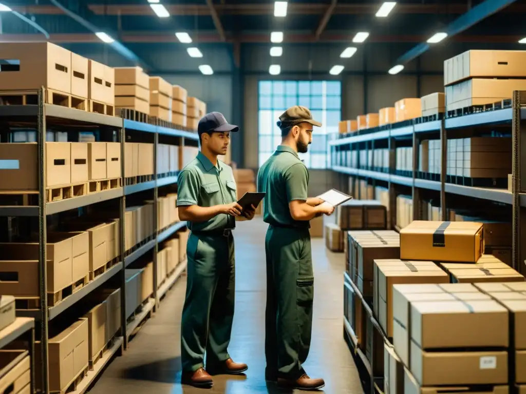 Trabajadores en almacén vintage usando computadoras antiguas para gestión logística