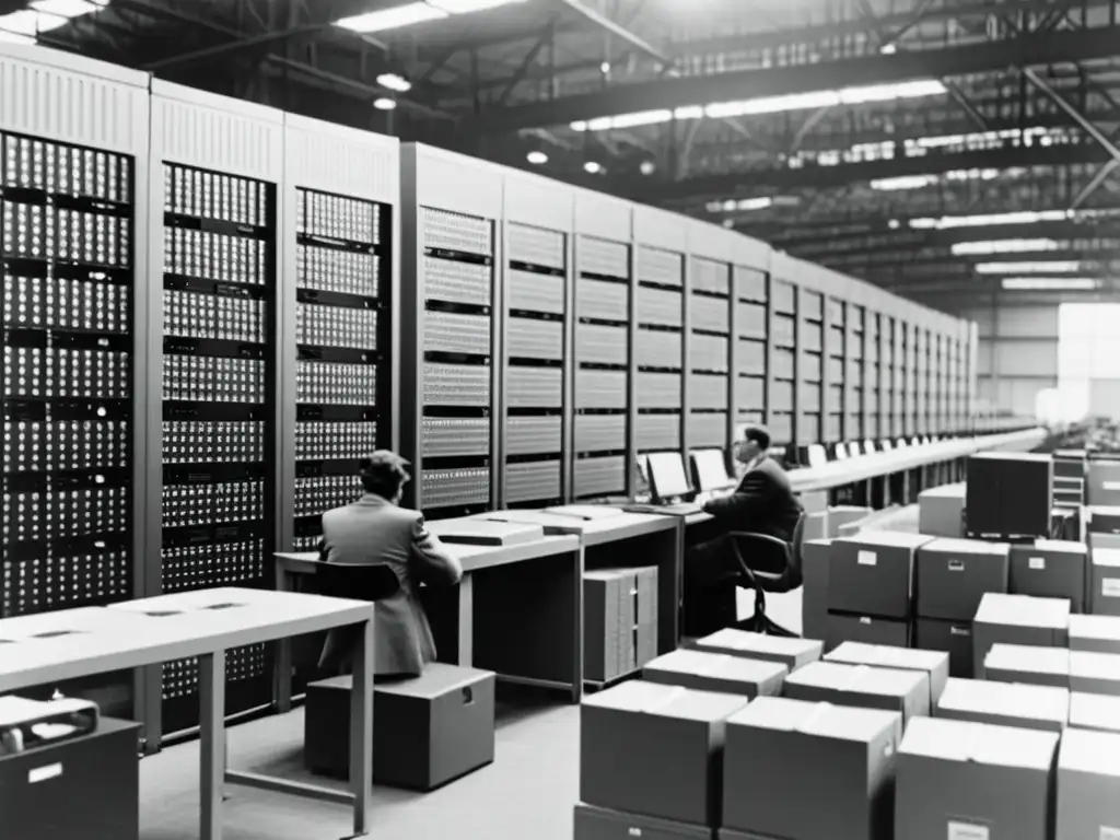 Trabajadores usando computadoras vintage con tarjetas perforadas en almacén, reflejando el impacto de la historia de la computación en logística