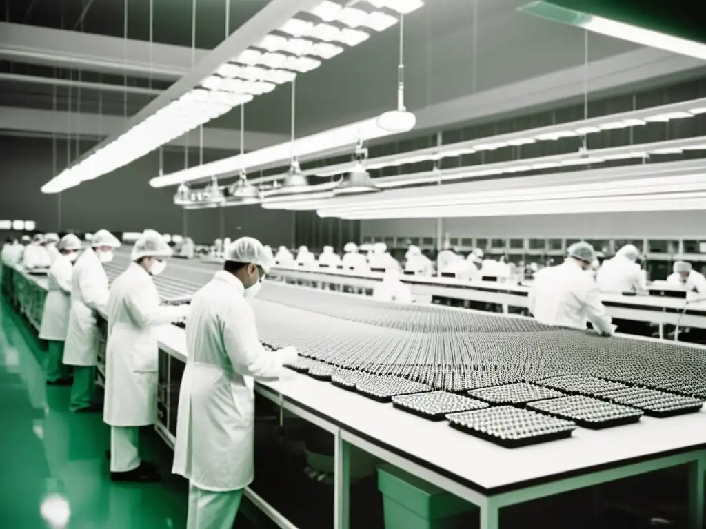 Trabajadores en trajes de laboratorio ensamblan delicados wafers de silicio en una sala limpia de los 60, en medio de la revolución de los semiconductores en tecnología