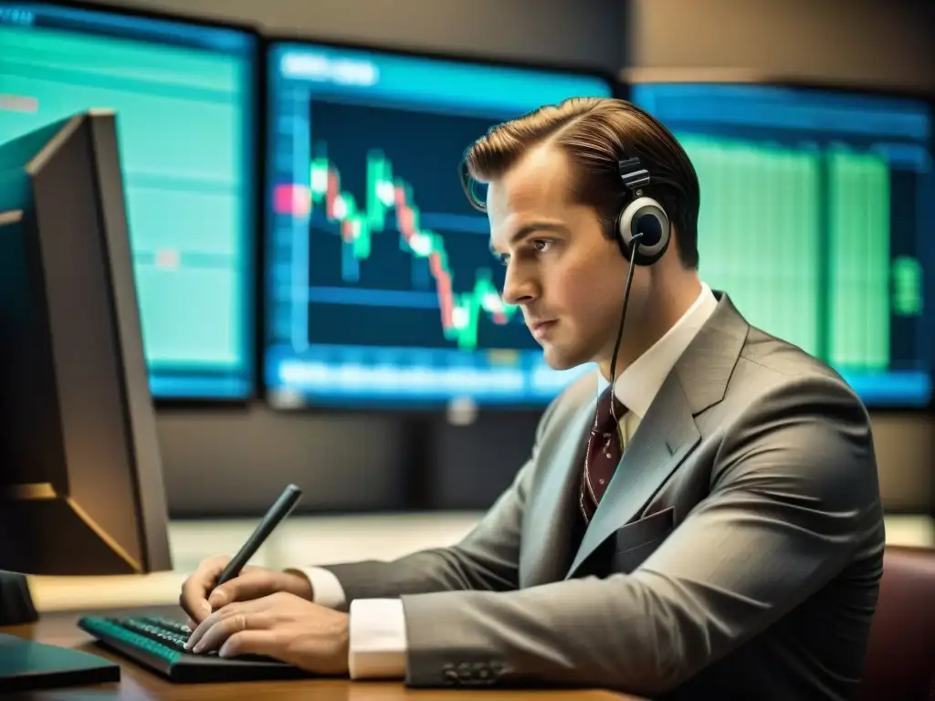Trader vintage analizando datos históricos Un trader de bolsa en un entorno vintage, analizando datos en una pantalla de ordenador