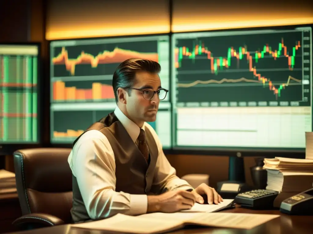 Trader experto analizando datos históricos Un trader examina datos históricos en su computadora rodeado de informes financieros, generando una atmósfera nostálgica y experta