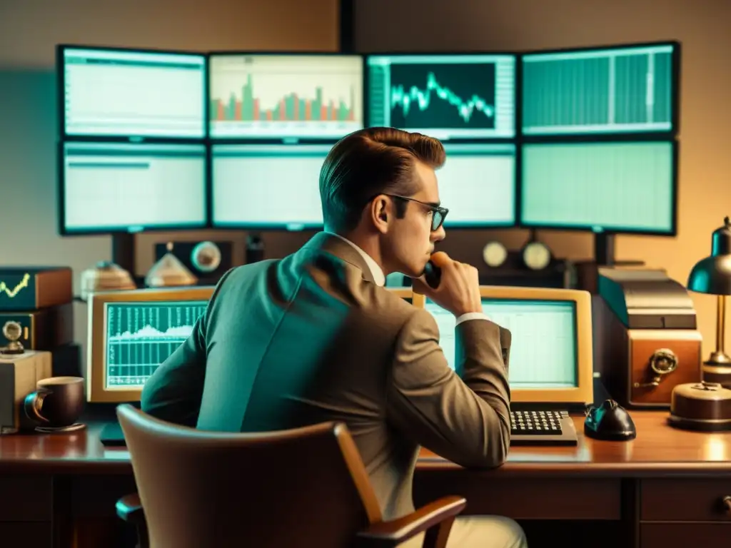 Trader experto analizando datos históricos en su escritorio vintage Un trader analiza datos históricos en una escena nostálgica, rodeado de equipo vintage, en una atmósfera de concentración