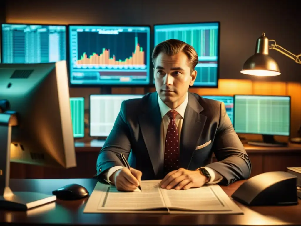 Trader vintage analizando datos bursátiles en 8k Un trader analiza datos históricos en una plataforma de trading, rodeado de gráficos y libros vintage