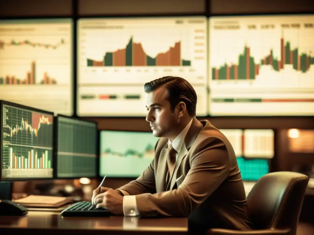 Trader experto analizando datos históricos Un trader analiza datos históricos rodeado de gráficos en tonos sepia, evocando experiencia en backtesting en plataformas de trading
