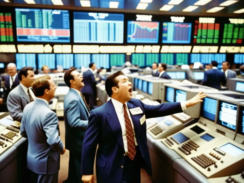 Traders en una bulliciosa plataforma de trading de derivados financieros, con computadoras vintage y máquinas de ticker tape