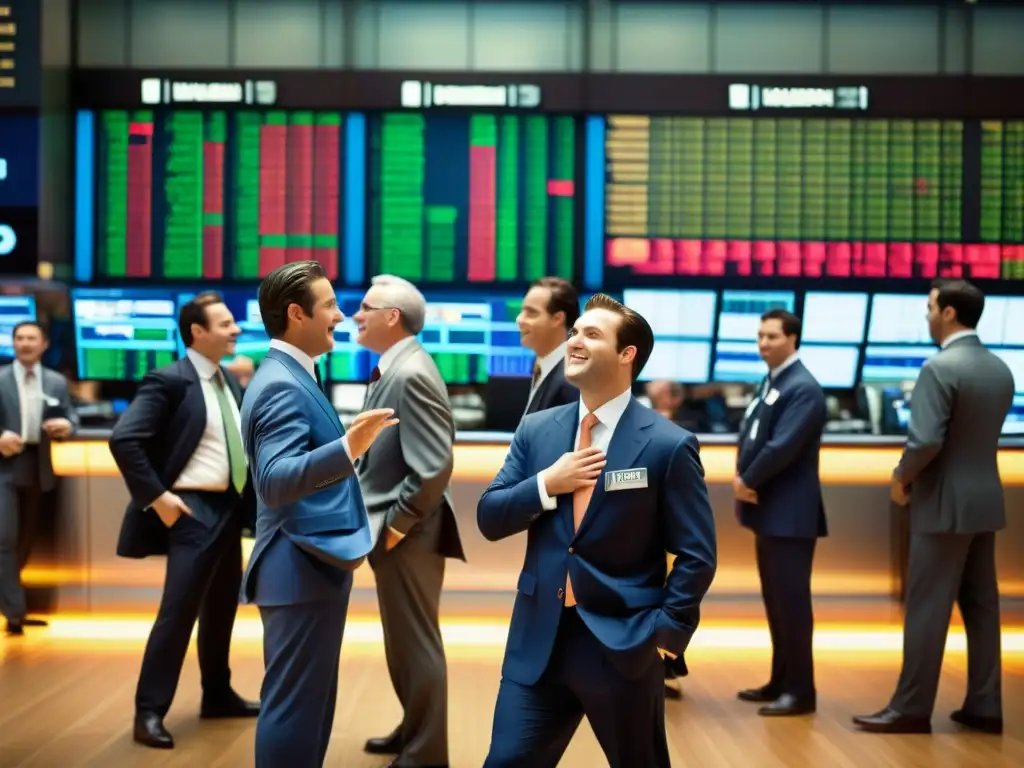 Traders en la bulliciosa sala de operaciones de la bolsa, con pantallas electrónicas mostrando datos del mercado