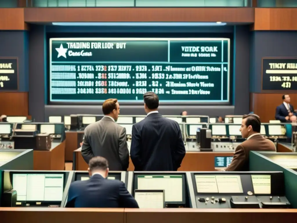 Trading en la Bolsa de Valores: Intensidad Histórica Traders intensos en una bulliciosa sala de operaciones vintage, con máquinas de ticker y pizarras mostrando precios de acciones