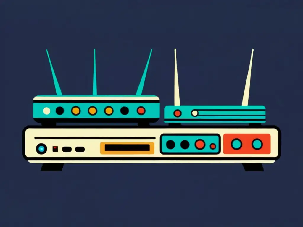 Un viaje vintage por la evolución de routers, desde modelos clásicos hasta modernos, con detalles intrincados y elementos de nostalgia