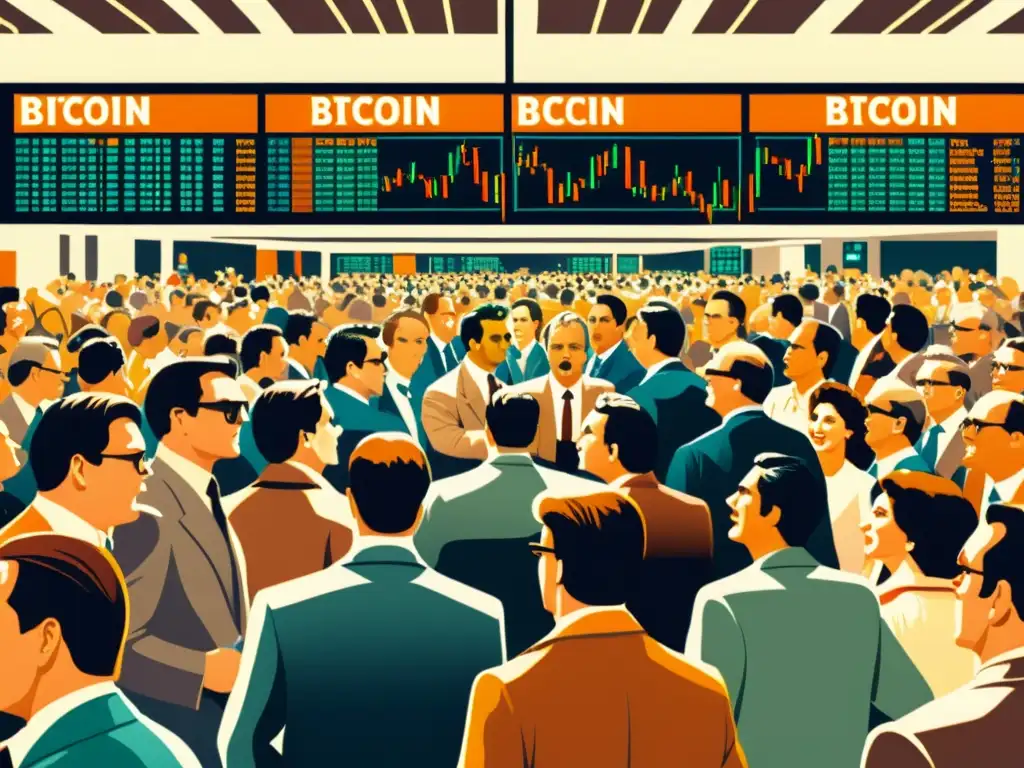 Vibrante ilustración vintage de una bulliciosa sala de operaciones en los años 80, reflejando la energía caótica de los mercados financieros tempranos