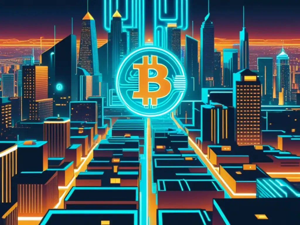 Un vibrante ciberespacio con símbolos de Bitcoin integrados en la ciudad futurista, simbolizando la revolución monetaria