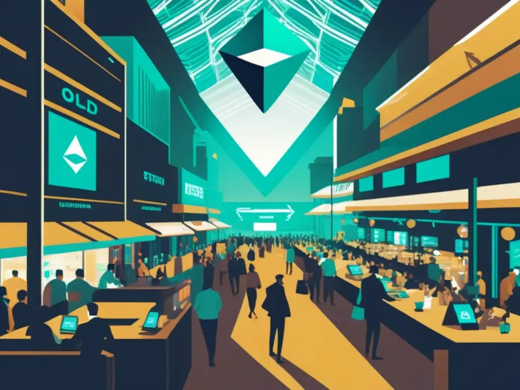 Vibrante ilustración de un mercado con elementos tradicionales y futuristas, reflejando la plataforma Ethereum para innovar