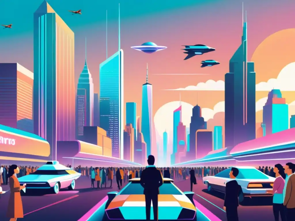 Un vibrante paisaje urbano futurista con personas en una sesión de estrategia de social media, con un toque retrofuturista