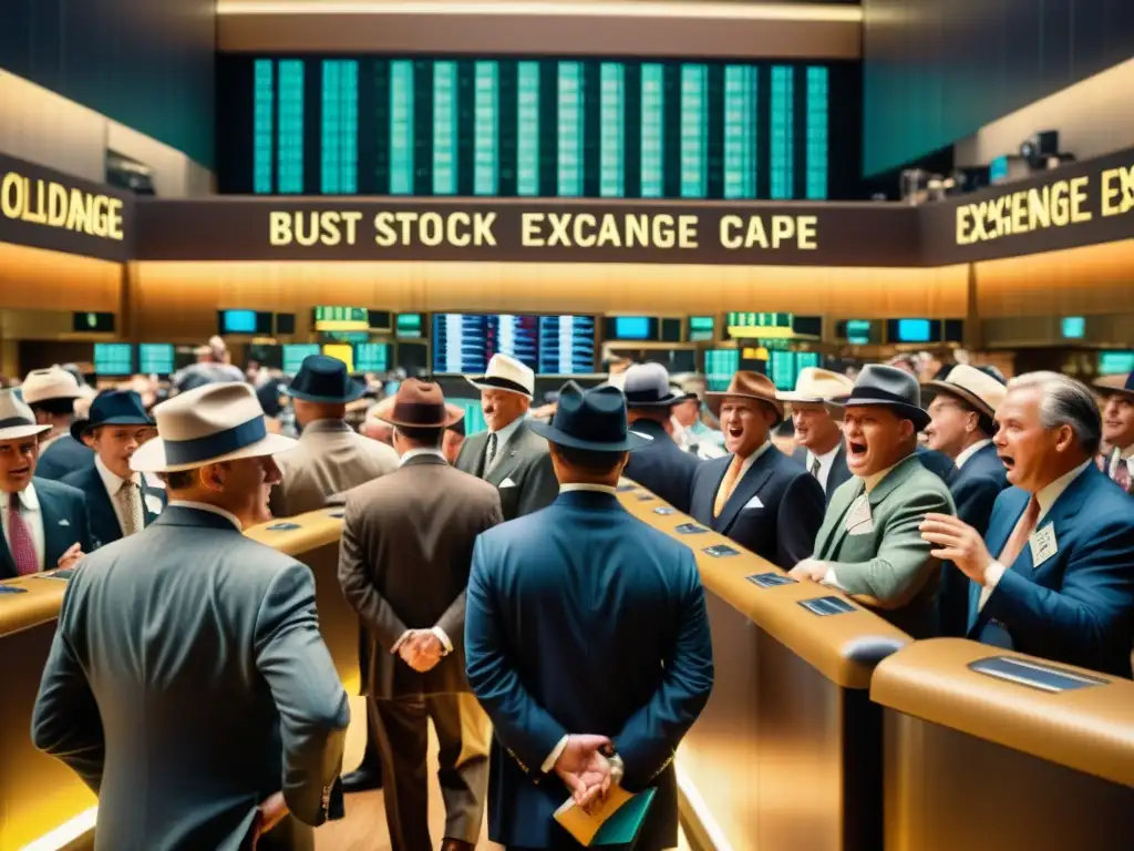 Vibrante piso de bolsa vintage con traders, máquinas de ticker tape y tickers de acciones