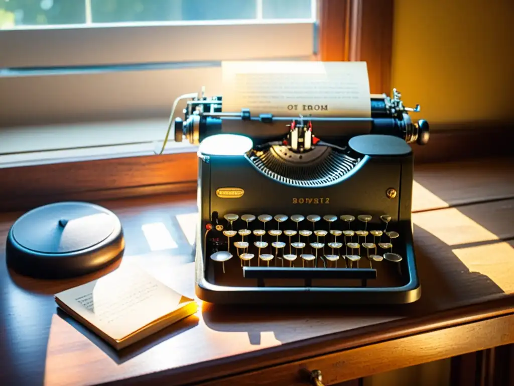 Una vieja máquina de escribir en un escritorio de madera, bañada por la luz de la tarde