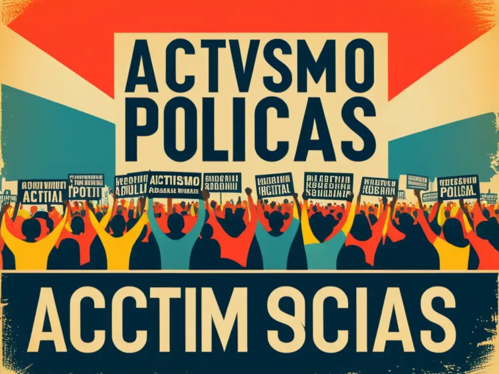 Vintage cartel de protesta con la frase 'Activismo Digital en Campañas Políticas', expresiones apasionadas y determinación en la multitud