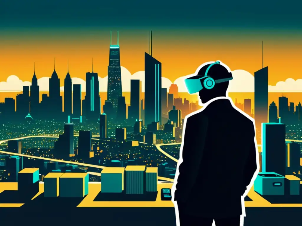 Un ilustración vintage de una ciudad futurista con dispositivos interconectados y la silueta de un hacker acechando en las sombras, representa las vulnerabilidades de seguridad en la era del IoT