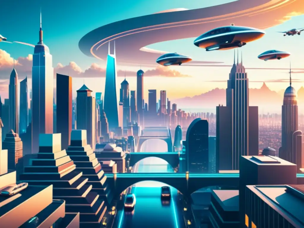 Una ilustración vintage detallada en 8k de una ciudad futurista con rascacielos y autos voladores, fusionando tecnología avanzada y estética histórica