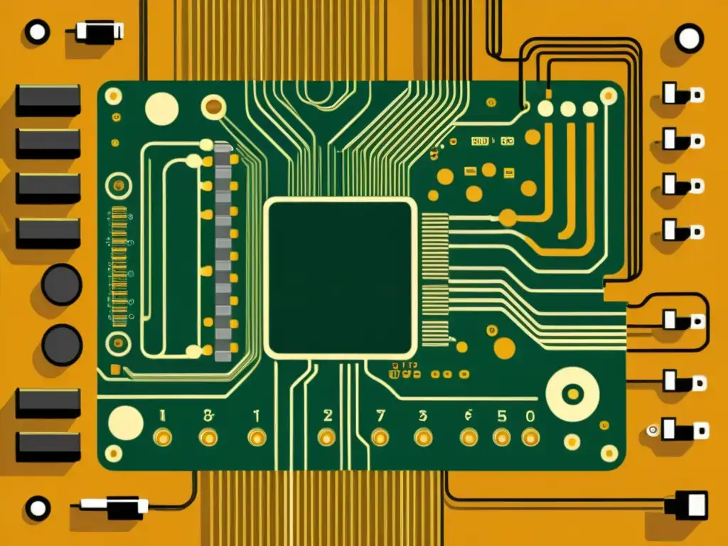 Una ilustración vintage detallada de una placa de circuito, evocando nostalgia por la revolución en las fuentes de poder de la computación