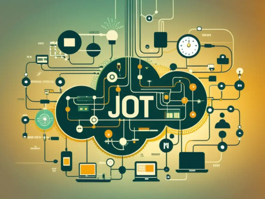 Una ilustración vintage de dispositivos interconectados, con detalles de circuitos visibles y una paleta cálida que evoca nostalgia