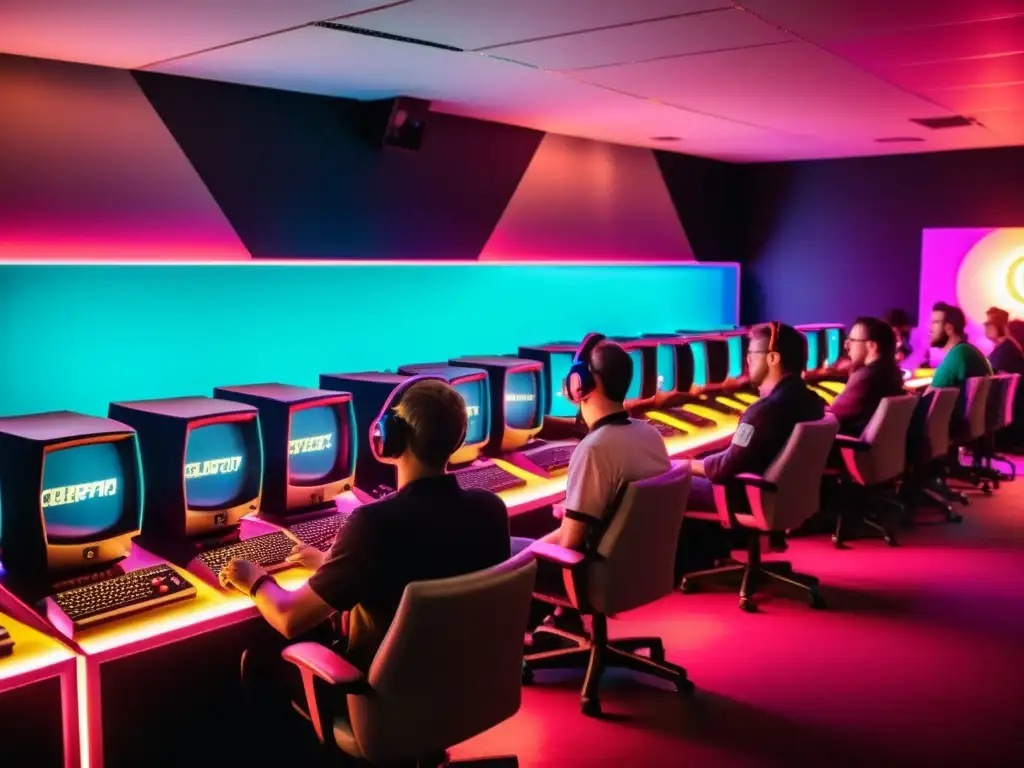 Torneo de videojuegos retro: evolución de eSports Competición vintage de eSports en computación con monitores CRT antiguos, jugadores en atuendos de los 90 y una multitud retro