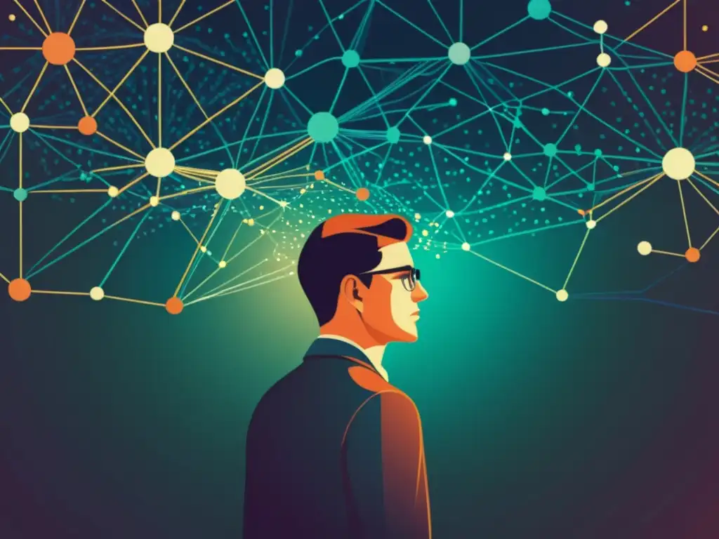 Un ilustración vintage de una persona frente a una red compleja de datos, representando los desafíos éticos del deep learning y la privacidad