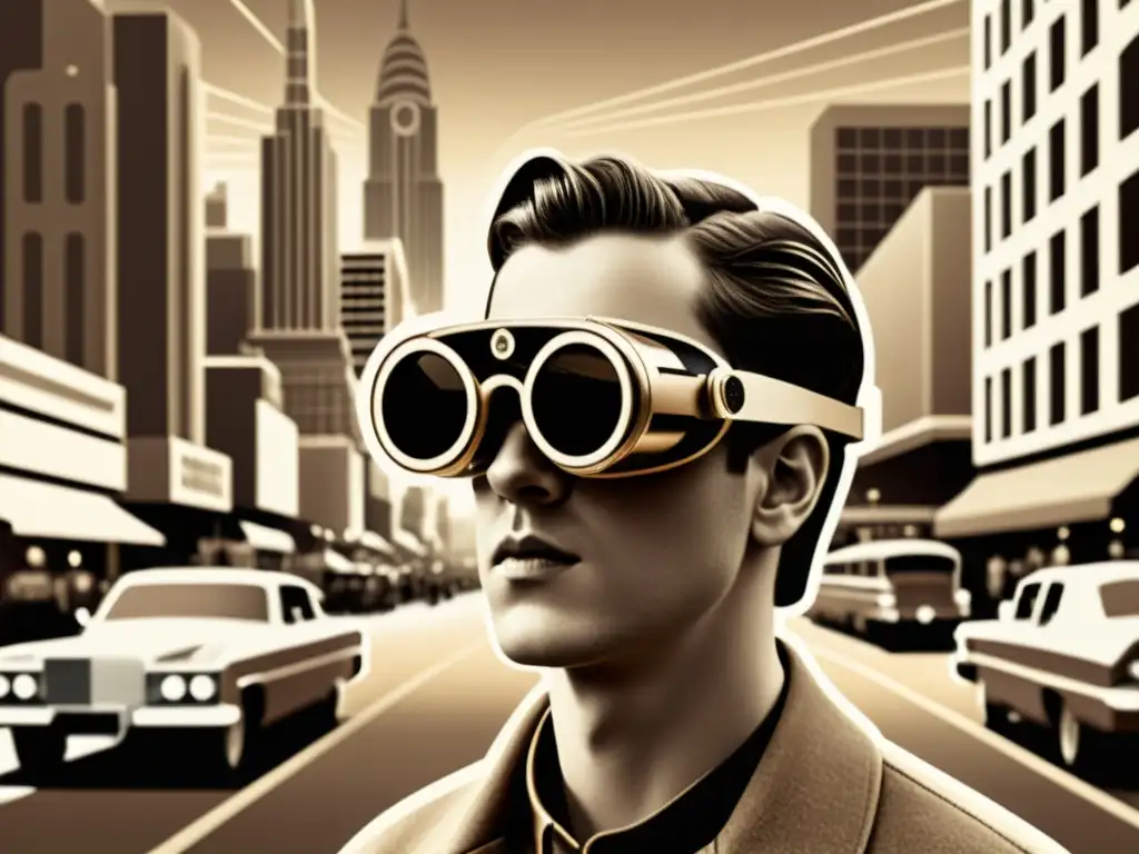 Un ilustración vintage de una persona usando gafas de realidad aumentada tempranas en una bulliciosa calle de la ciudad del siglo XX